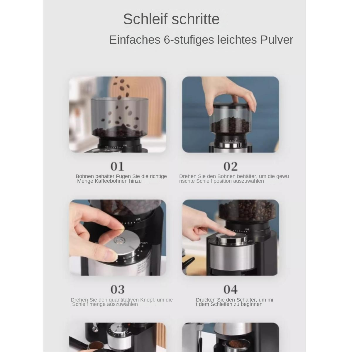 Anleitung in vier Schritten zur Bedienung einer elektrischen Kaffeemühle mit Bohnenbehälter und Knöpfen.