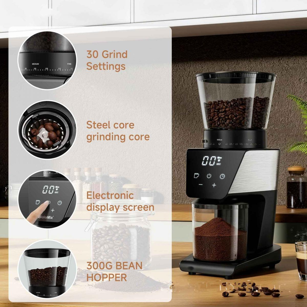 Elektrische Kaffeemühle mit Display, Bohnenbehälter und gemahlenem Kaffee auf Holztisch.