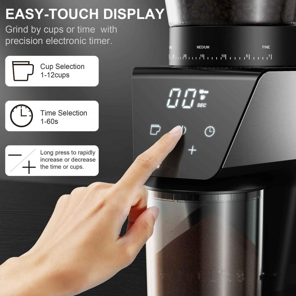 Eine Hand bedient ein digitales Touch-Display an einer schwarzen Kaffeemühle mit Icons.