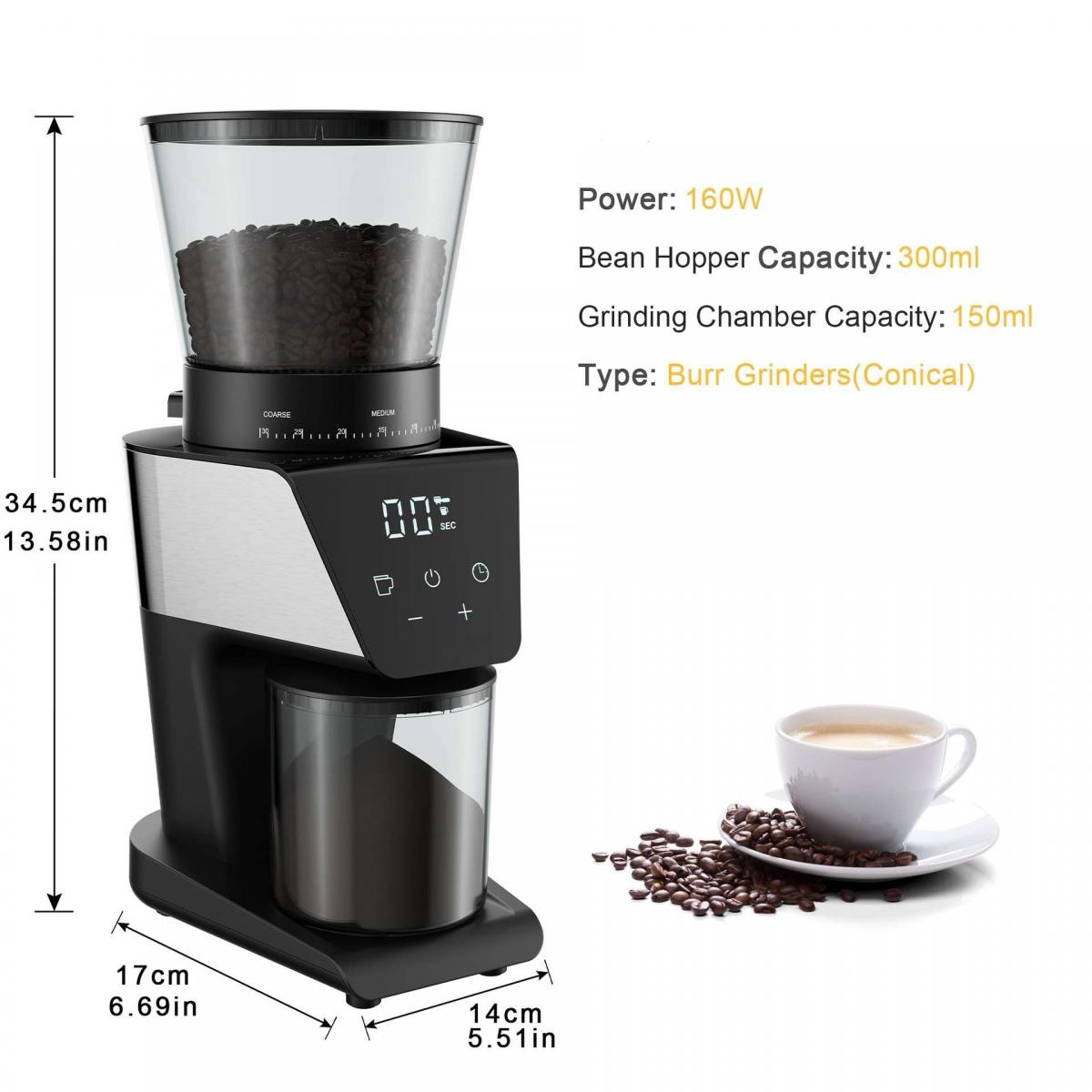 Eine schwarze Kegelmahlwerk-Kaffeemühle mit Maßen, technischen Daten und einer Tasse Kaffee.