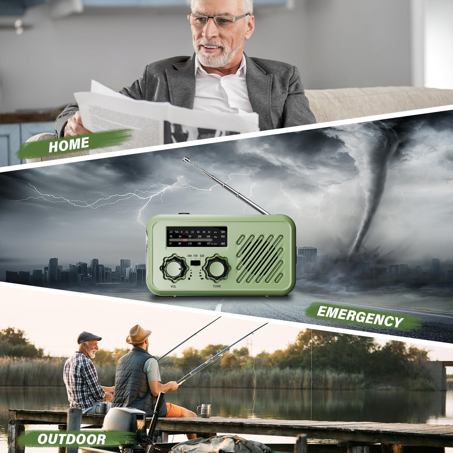 Ein grünes Notfallradio ist abgebildet, ergänzt durch Szenen vom Lesen zu Hause, einem Tornado und Angeln im Freien.