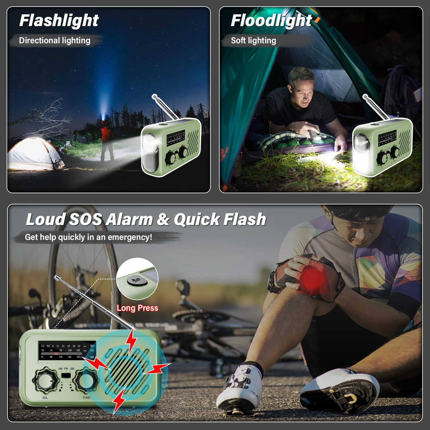 Grünes Notfallradio mit Taschenlampe, Flutlicht und SOS-Alarm für Outdoor- und Kriseneinsätze.