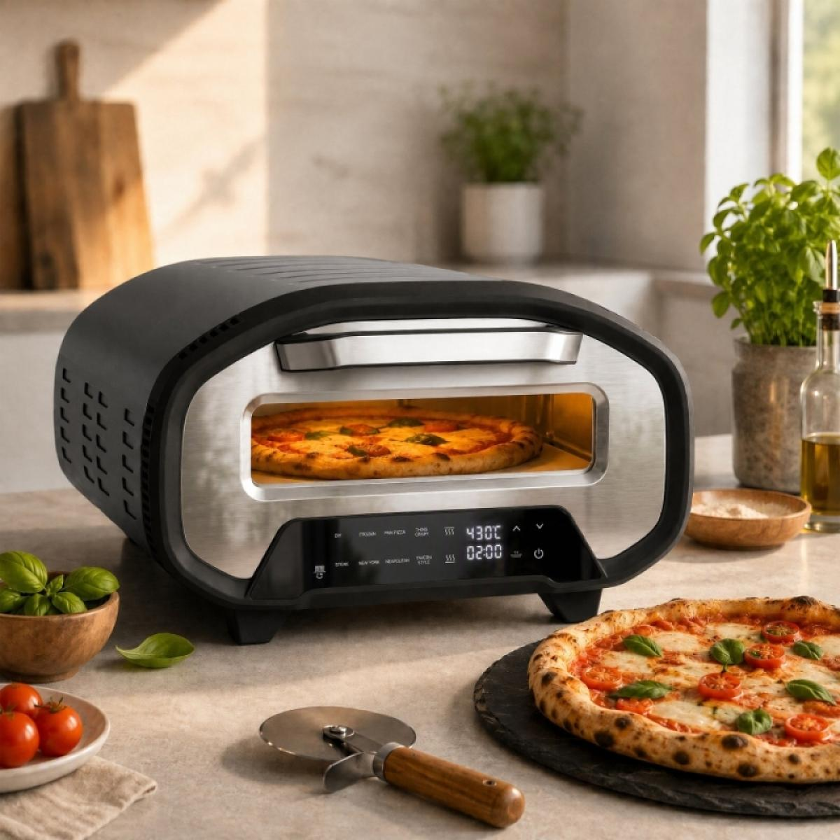 Moderne schwarze und silberne Pizzaofen auf einer Küchentheke mit einer gebackenen Pizza drinnen und einer daneben.