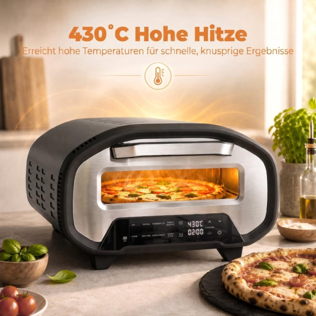 Ein schwarzer Pizzaofen mit Edelstahl steht auf einer Theke und backt eine Pizza bei digitaler Anzeige von 430 Grad C.
