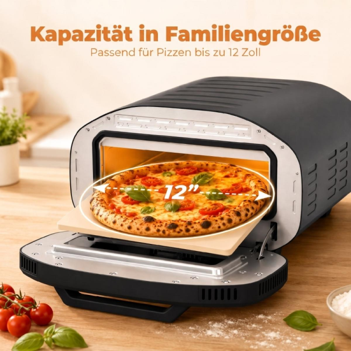 Ein schwarzer Pizzaofen auf Holztisch mit einer 12-Zoll-Pizza auf einem Stein.