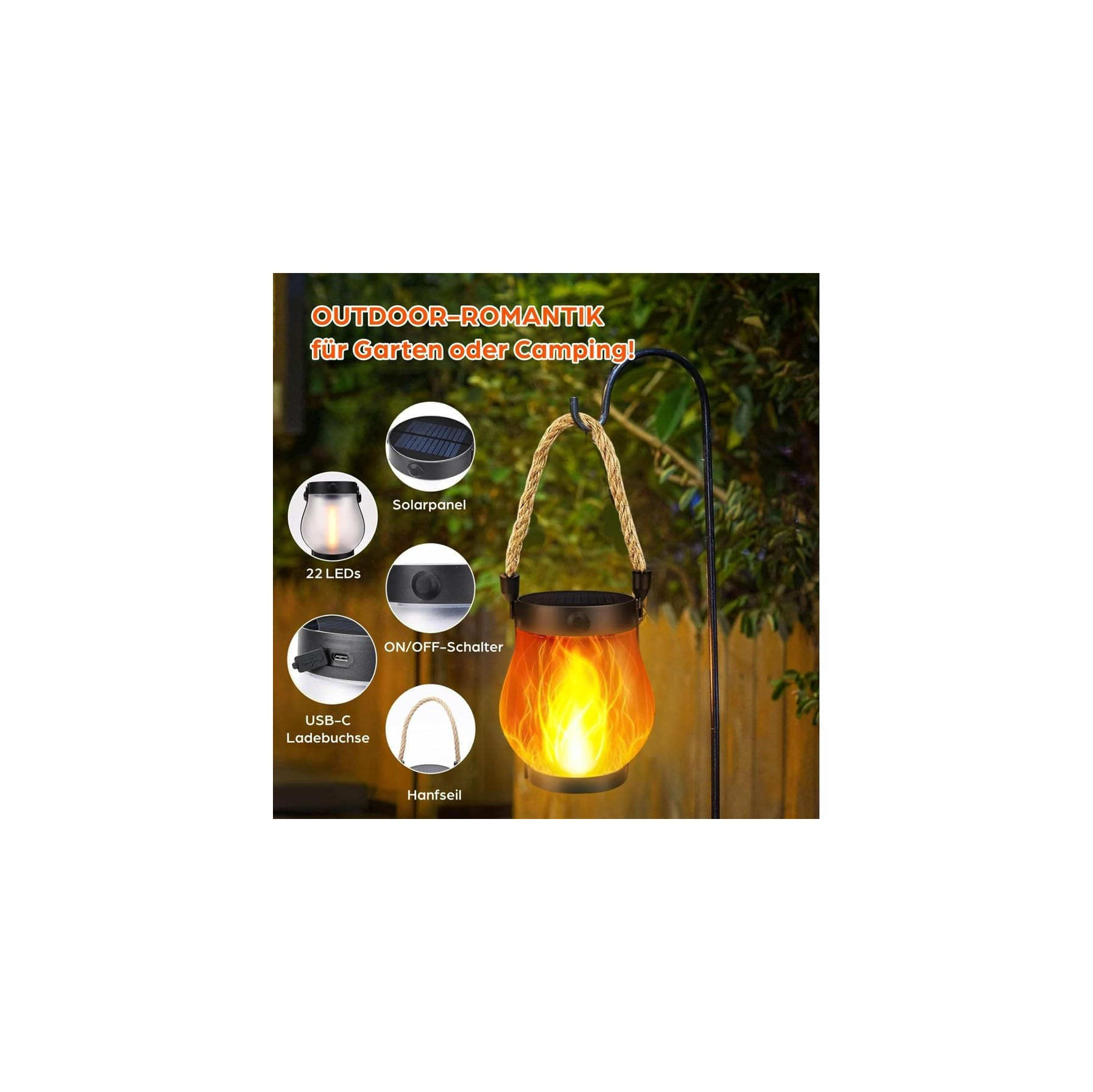 Eine Outdoor-Solarlaterne mit Flammeneffekt hängt an einem Haken, mit Produktmerkmalen in kleinen Kreisen.
