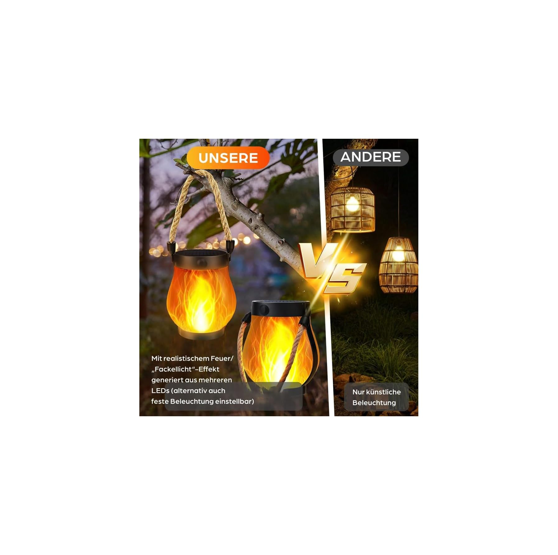 Vergleich von Flammeneffekt-Solarleuchten mit realistischem Feuerglühen im Vergleich zu künstlichen Lampen.