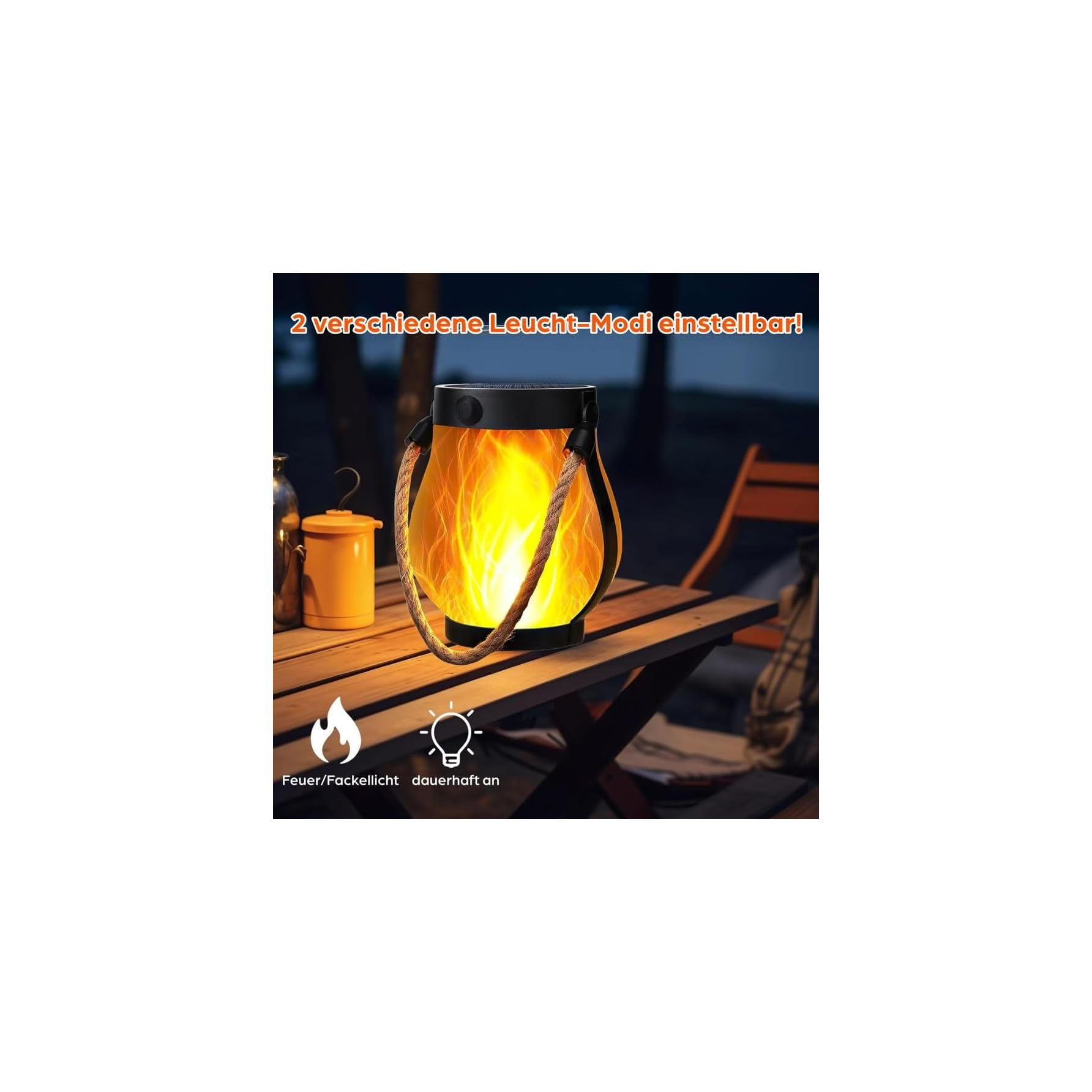 Eine LED-Laterne mit Flammeneffekt auf einem Holztisch bei Dämmerung, mit Text und Symbolen.