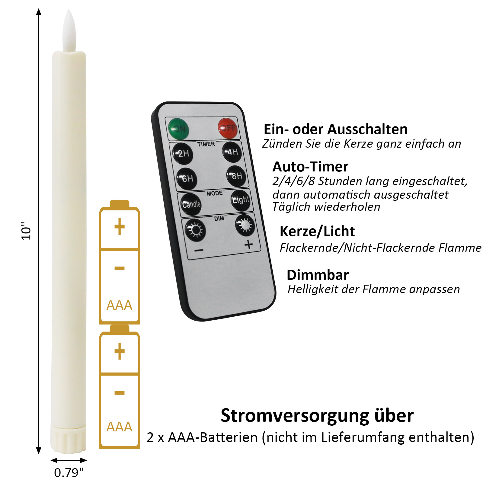 LED-Kerze mit Fernbedienung, zwei AAA-Batterien und Maßangaben auf weißem Hintergrund.