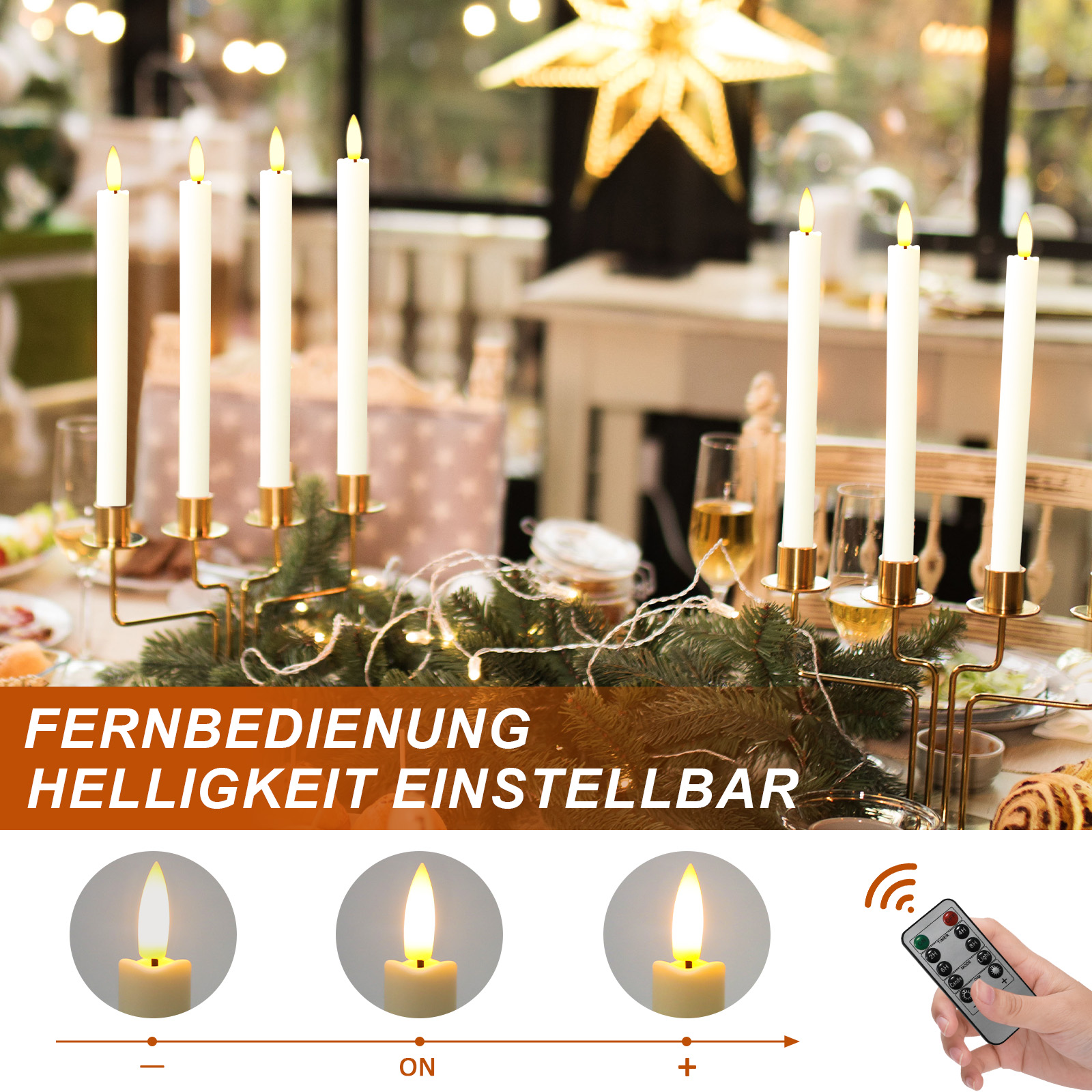 Weiße Kerzen in goldenen Haltern auf einem Tisch mit Tannengrün, Text im Bild und Fernbedienung.