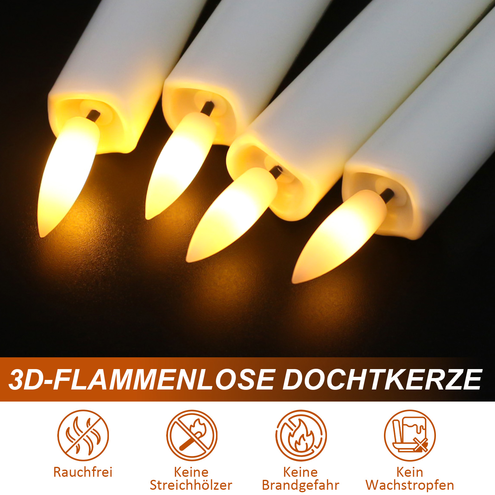 Vier weiße LED-Kerzen mit warmen, flackernden Flammen vor schwarzem Hintergrund und Produktmerkmalen.