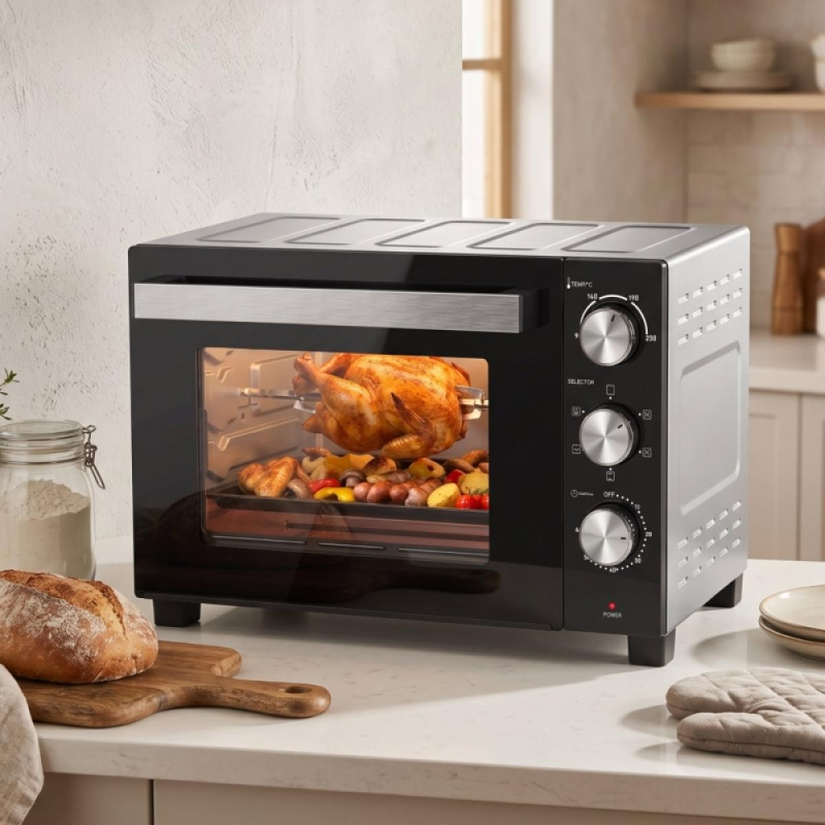 Ein schwarzer Standbackofen gart innen ein Hähnchen mit Gemüse; auf der Arbeitsplatte liegt ein Laib Brot.