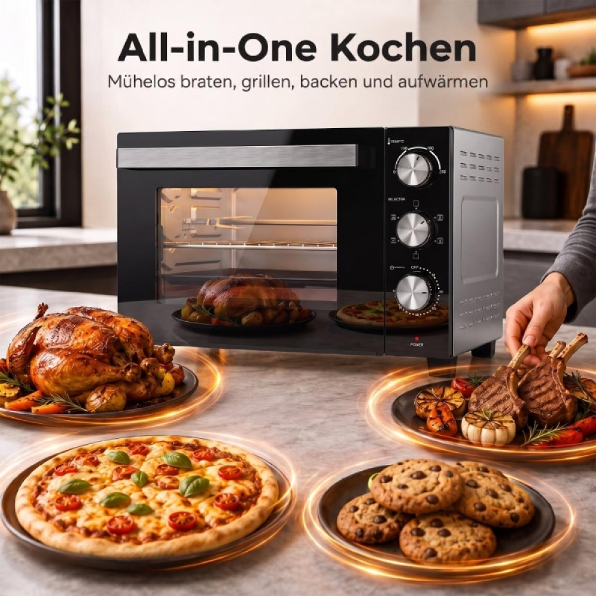 Ein schwarzer Mini-Ofen auf einer Theke, umgeben von Tellern mit gebratenem Hähnchen, Pizza, Plätzchen und Koteletts.