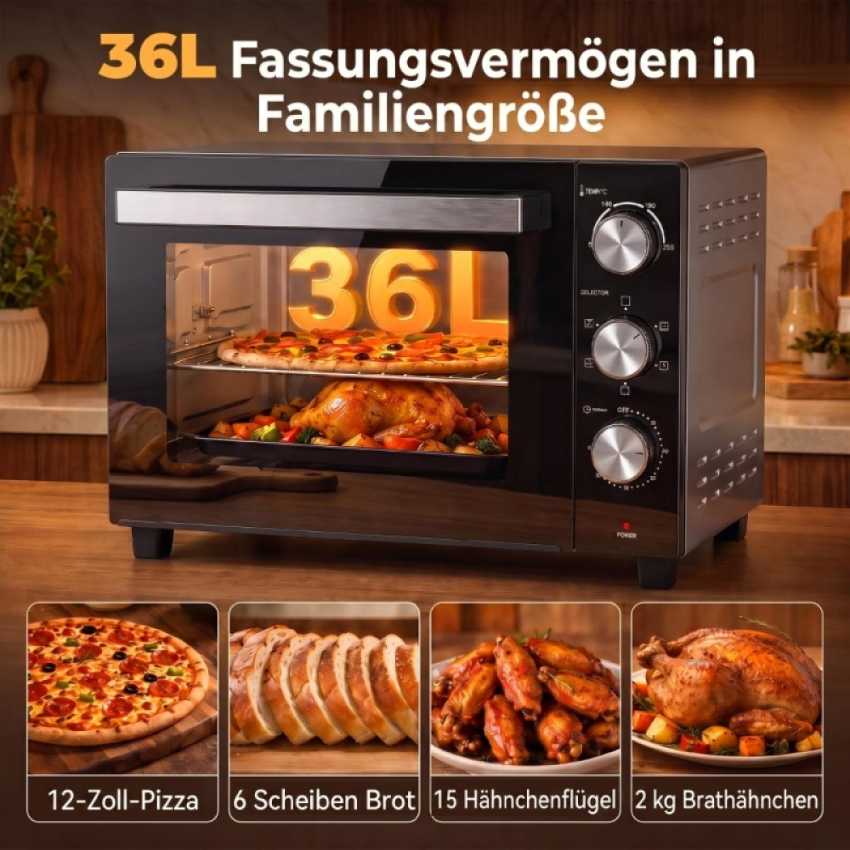 Ein schwarzer 36L Mini-Backofen auf einer Holzarbeitsplatte, gefüllt mit Pizza und Brathähnchen.