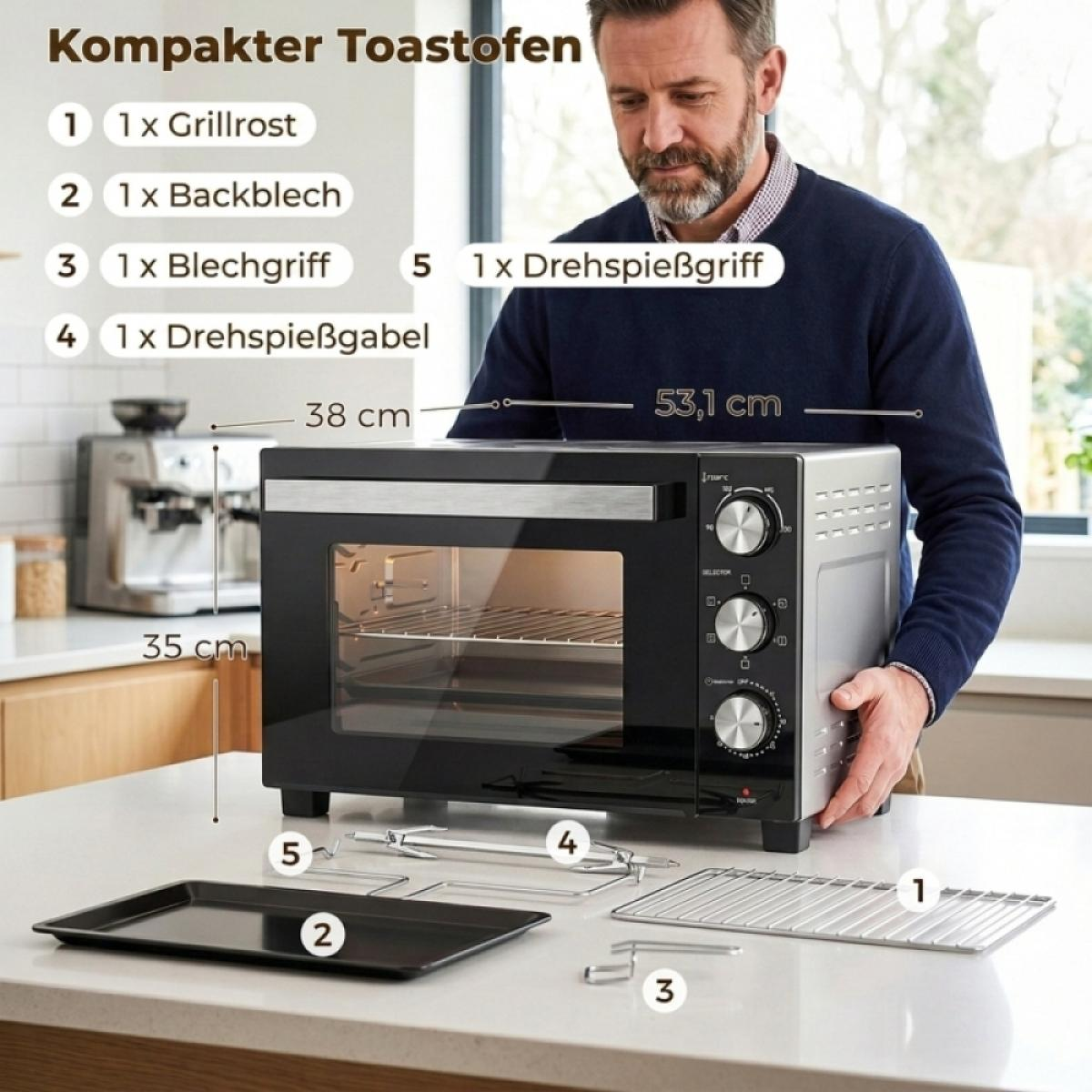 Ein Mann stellt einen kompakten Toaster auf eine Küchentheke, mit Zubehör und Maßangaben.