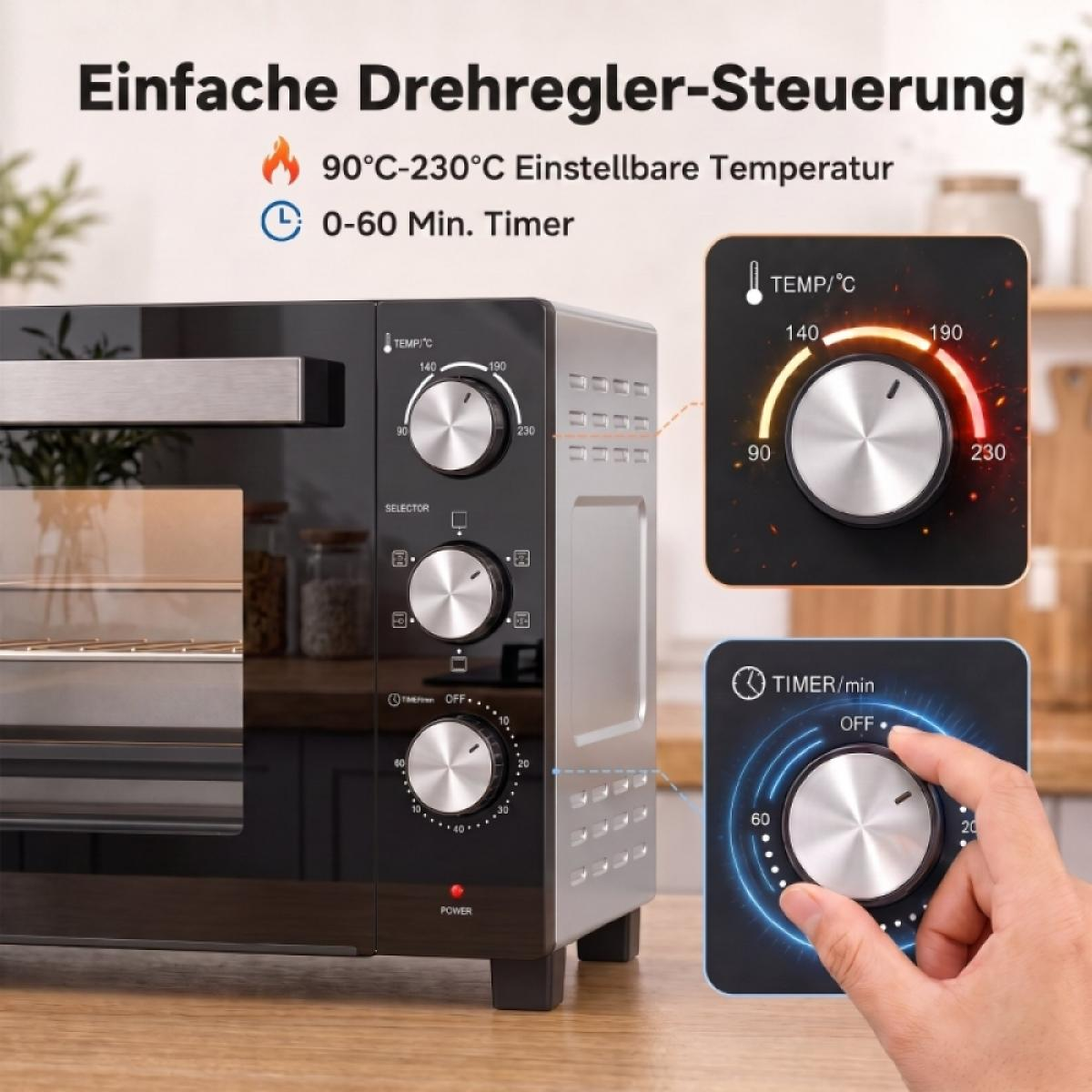 Ein schwarzer Mini-Ofen mit Drehreglern für Temperatur und Timer auf einer Holzarbeitsplatte.