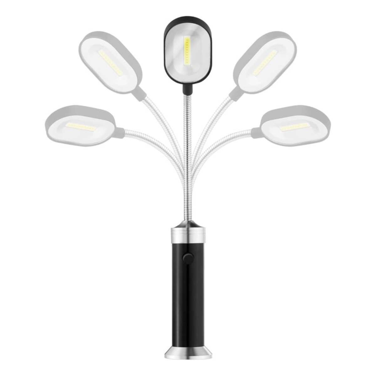 Eine flexible LED-Lampe mit einem schwarzen Sockel und verstellbarem Hals zeigt verschiedene Biegepositionen.