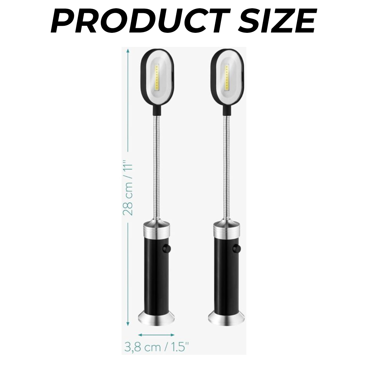 Produktdrößendiagramm zeigt zwei schwarze und silberne LED-Lampen, 28 cm hoch und 3,8 cm breit.