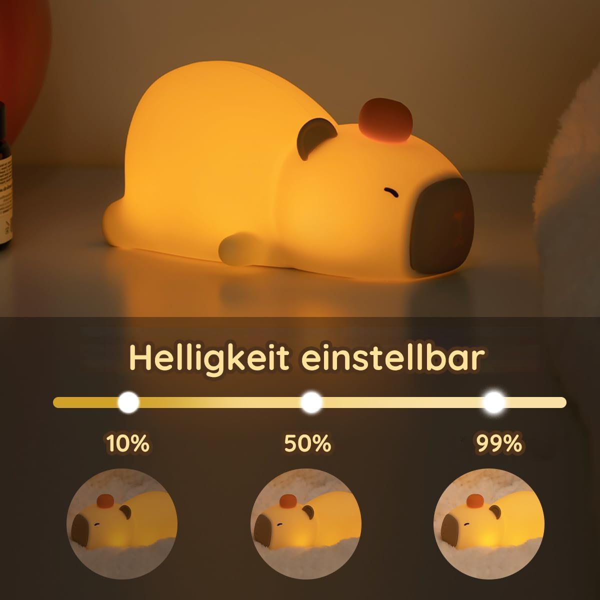 Ein warmes, gelbes Kapibara-Nachtlicht mit einstellbarer Helligkeit von 10% bis 99%.