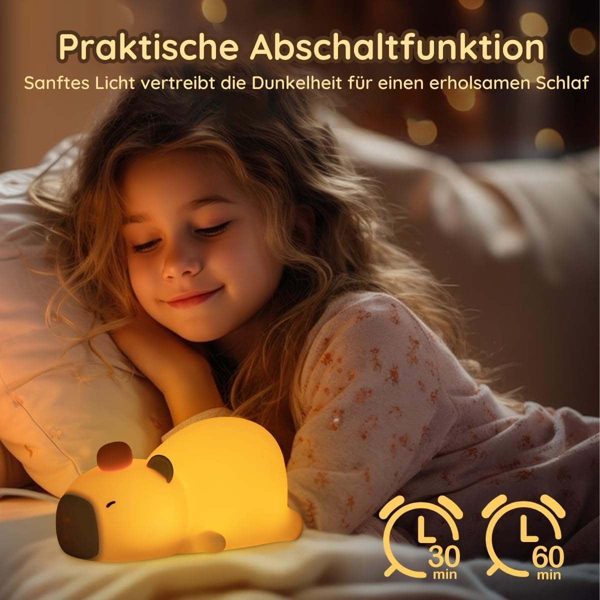 Ein junges Mädchen schläft friedlich neben einem leuchtenden Kapibara-Nachtlicht.