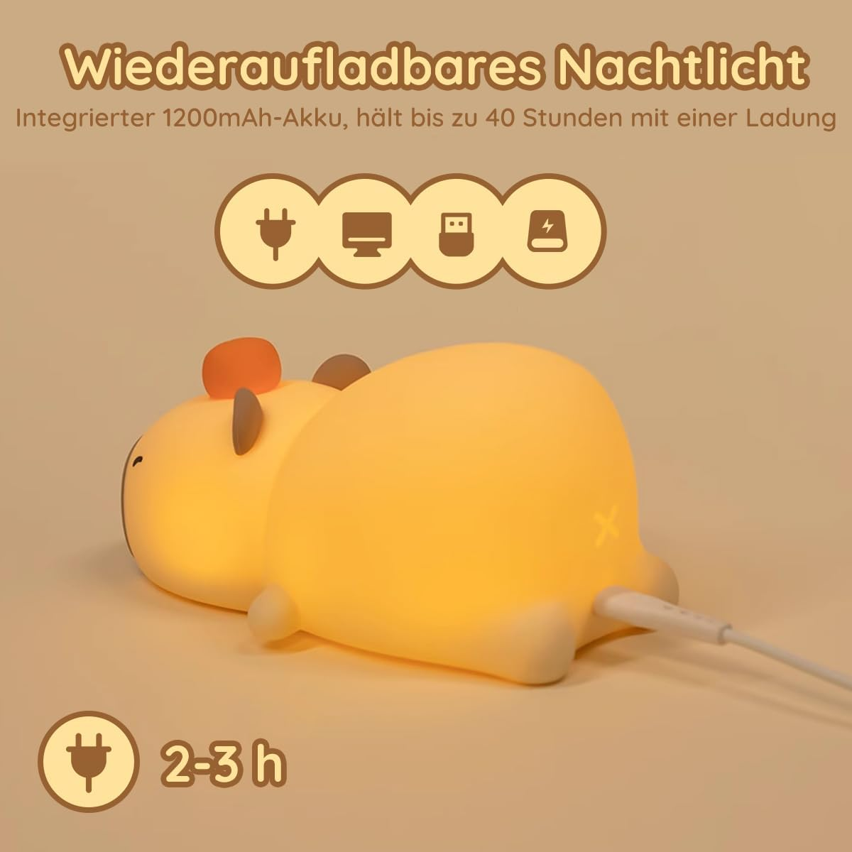 Ein leuchtendes Capybara-Nachtlicht lädt mit Kabel, mit deutschem Text und Symbolen oben.
