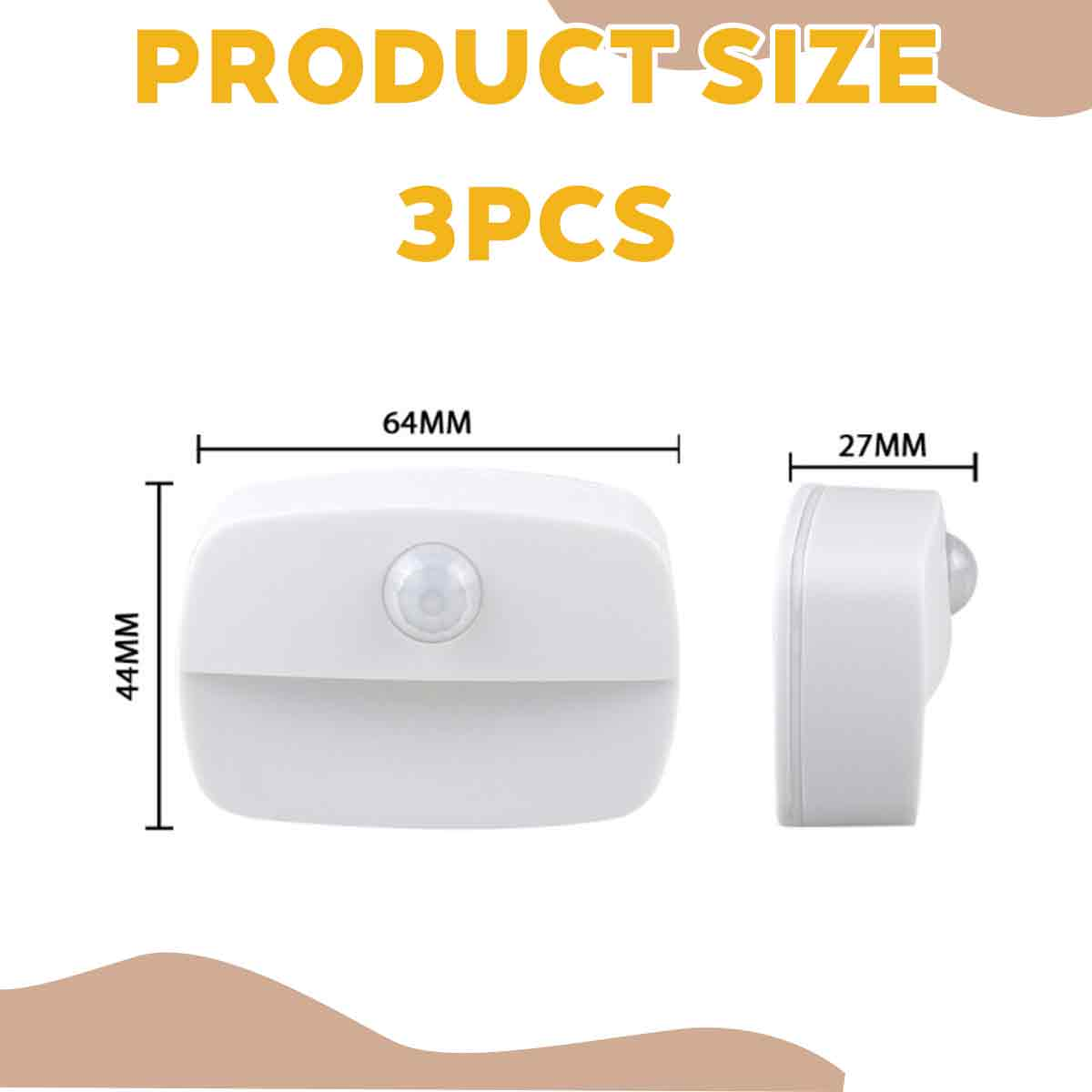 Produktgröße Diagramm zeigt ein kleines weißes Nachtlicht mit Maßen von 64mm Breite, 44mm Höhe und 27mm Tiefe.