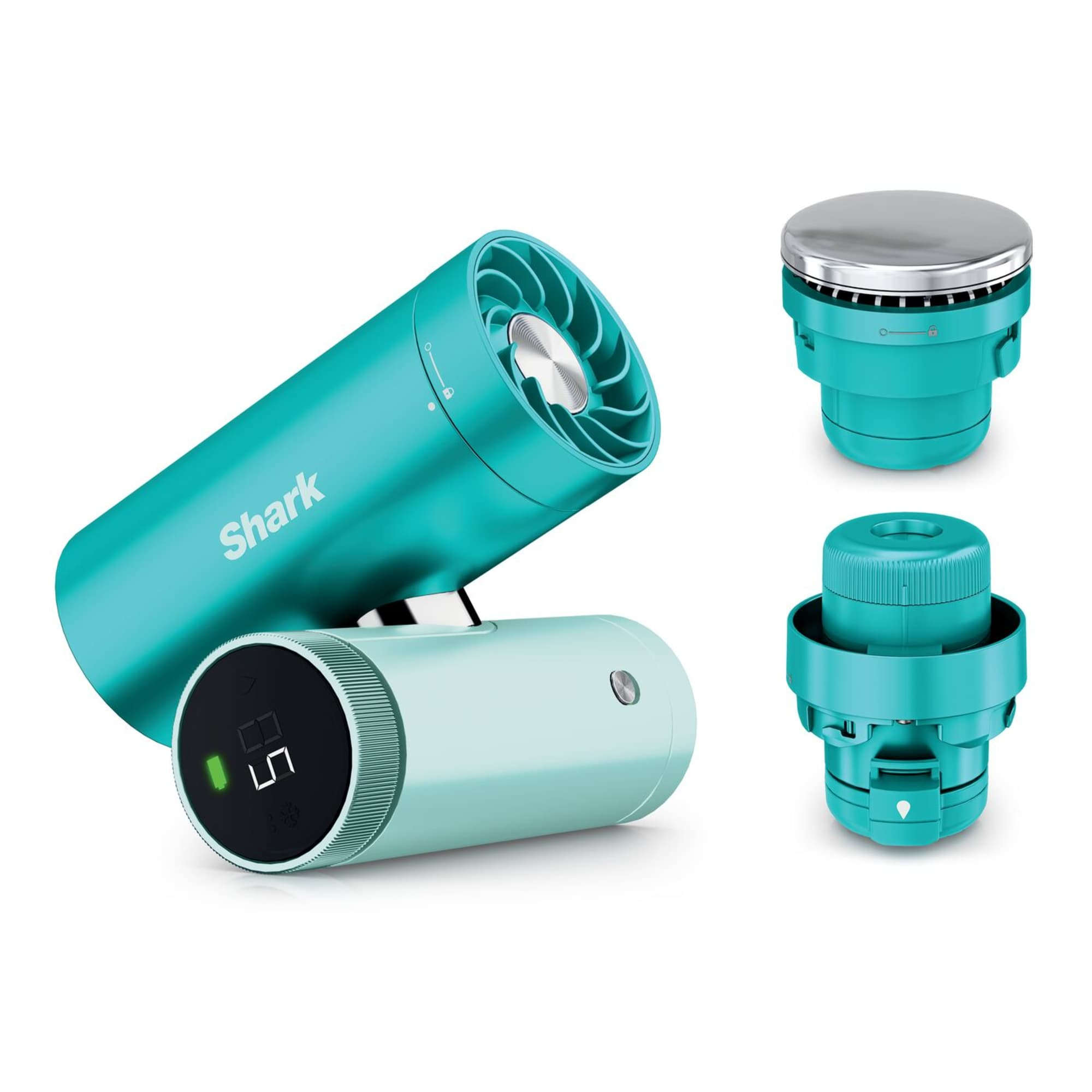 Un ventilatore portatile Shark verde acqua con display digitale e due diversi accessori su sfondo bianco.