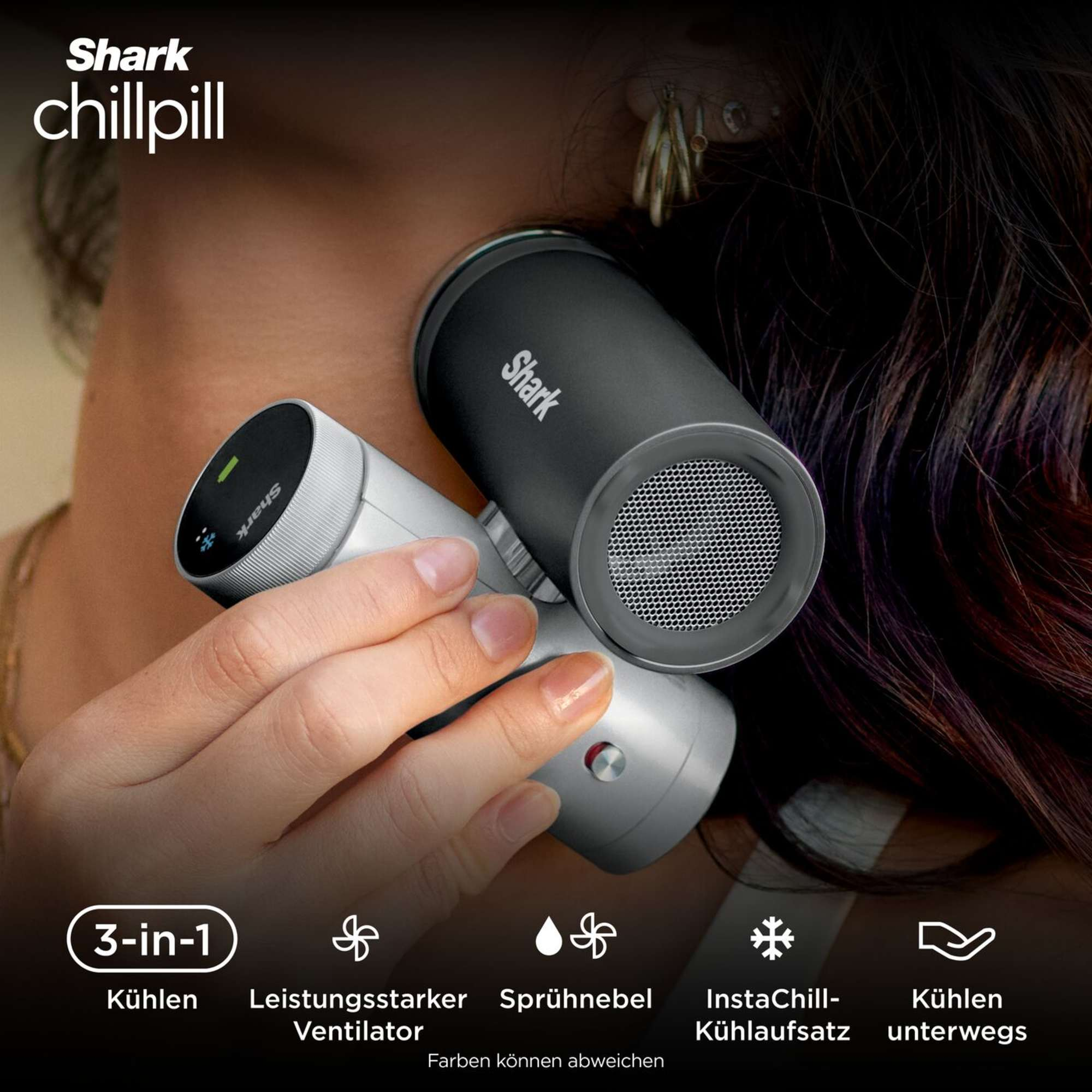 Una mano tiene il refrigeratore portatile Shark Chillpill 3 in 1 contro il collo di una donna.
