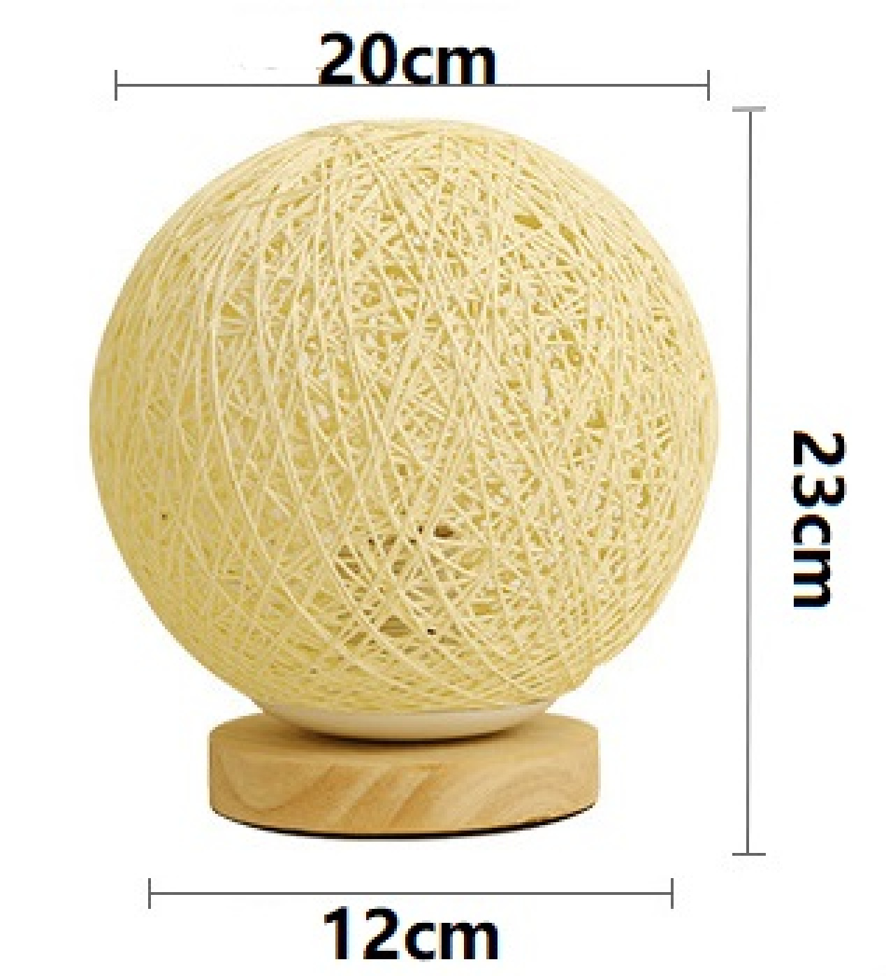 Eine beige Kugel-Tischlampe mit Holzsockel und Maßangaben in Zentimetern.