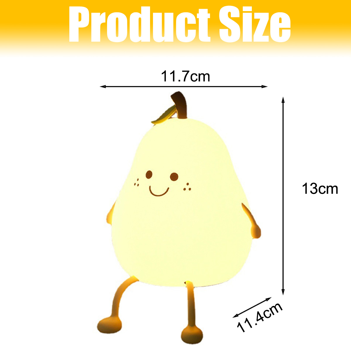 Diagramm zeigt die Produktgröße einer birnenförmigen Nachtlampe mit Maßen von 11,7cm, 13cm und 11,4cm.