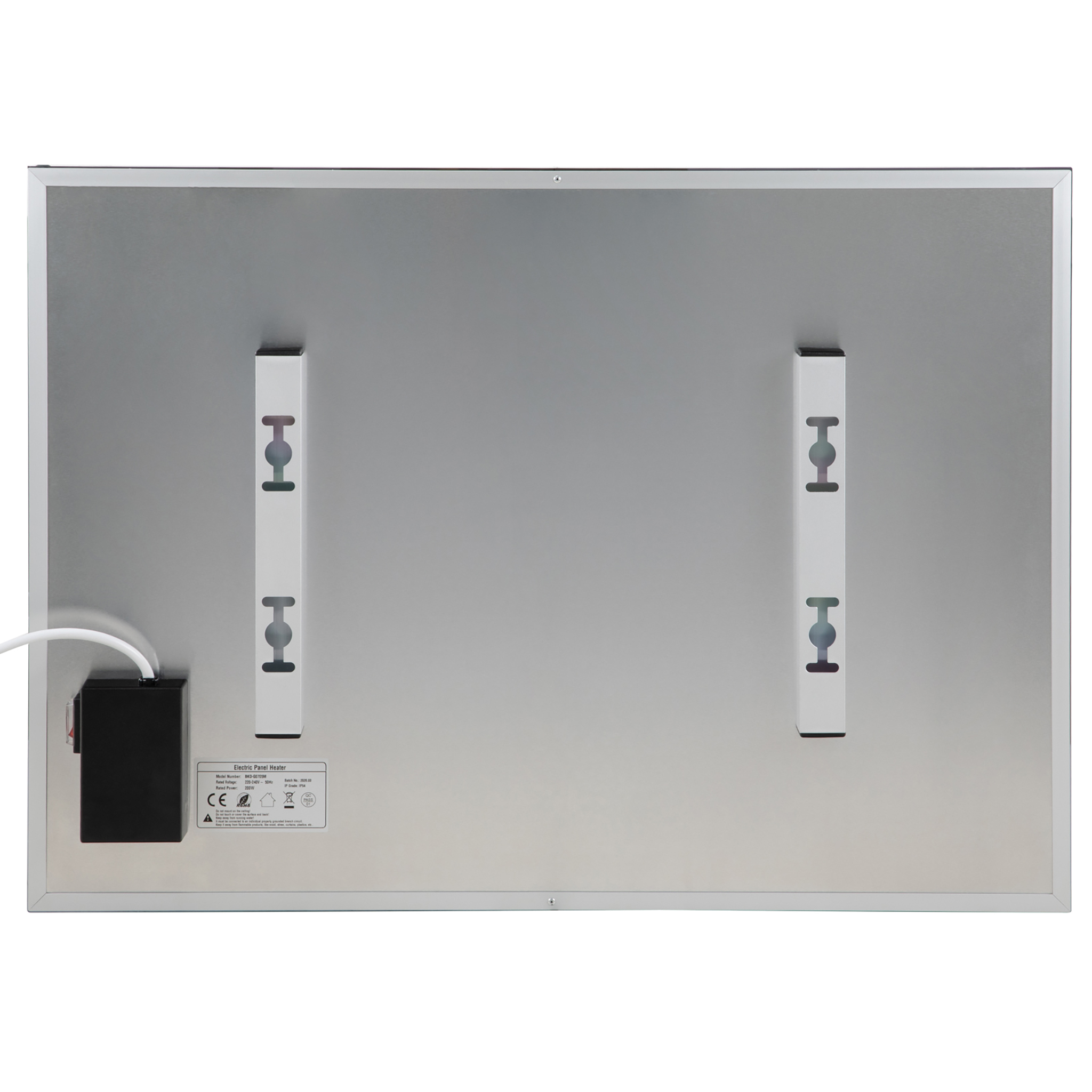 Rückseite einer silbernen Elektroheizplatte mit zwei Halterungen und einer schwarzen Steuerbox mit Stromkabel.