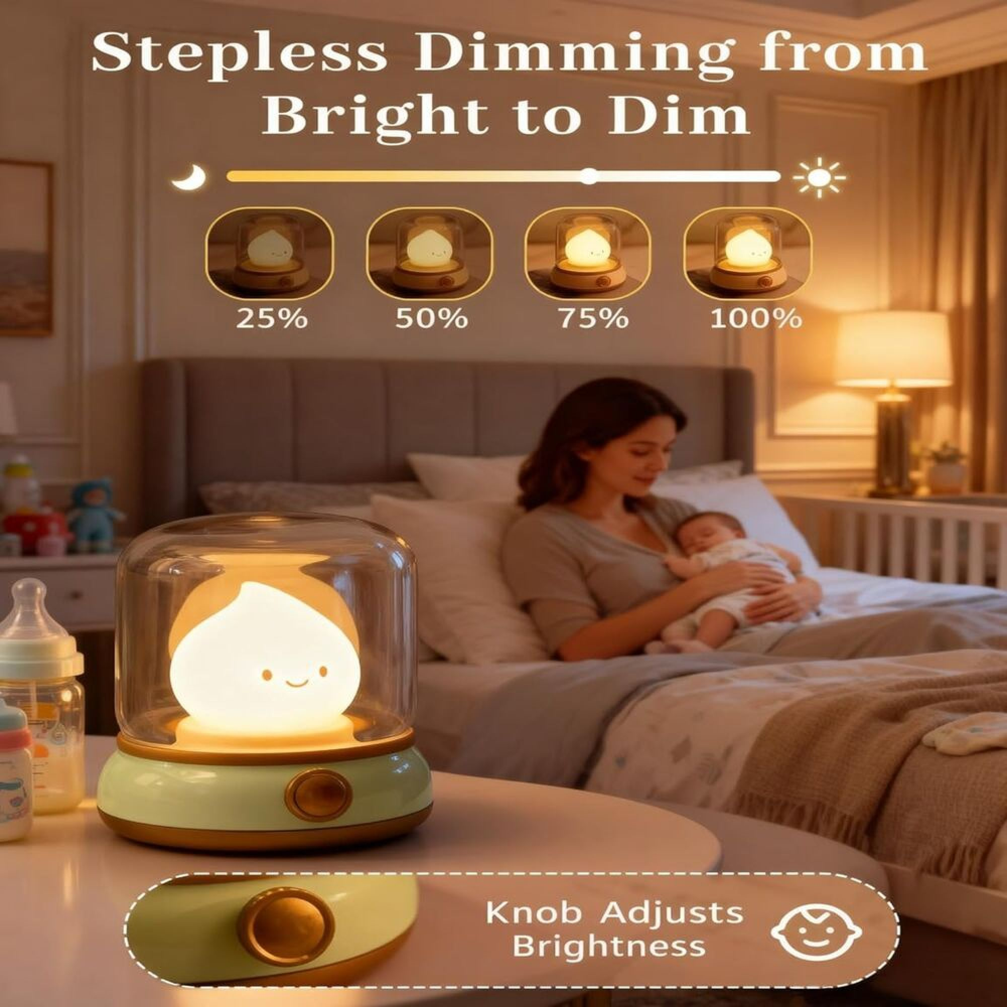 Nachtlicht mit stufenloser Dimmung von 25% bis 100% in einem Schlafzimmer mit einer Mutter und einem Baby.