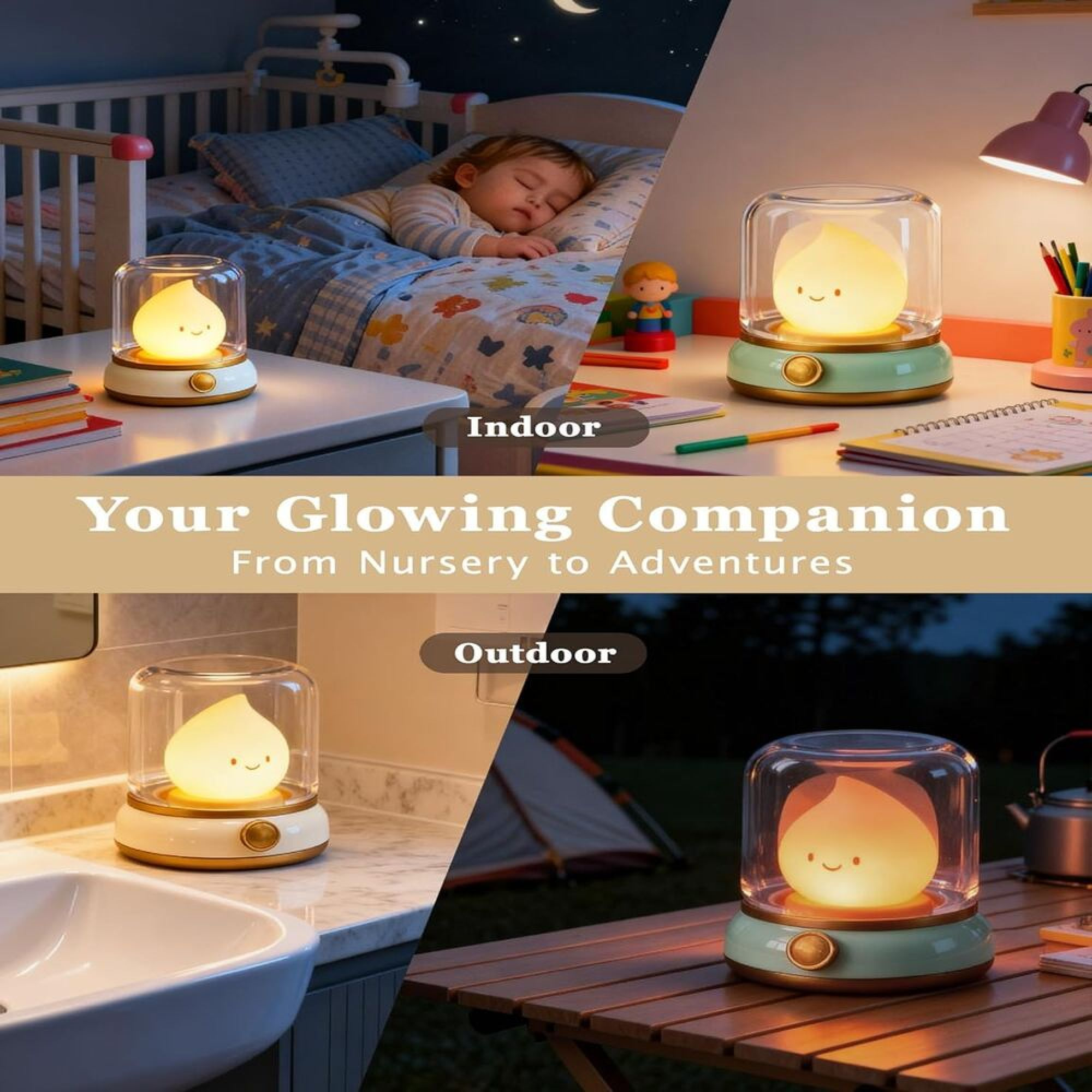 Ein süßes, leuchtendes tropfenförmiges Nachtlicht, gezeigt drinnen im Kinderzimmer und draußen beim Camping.