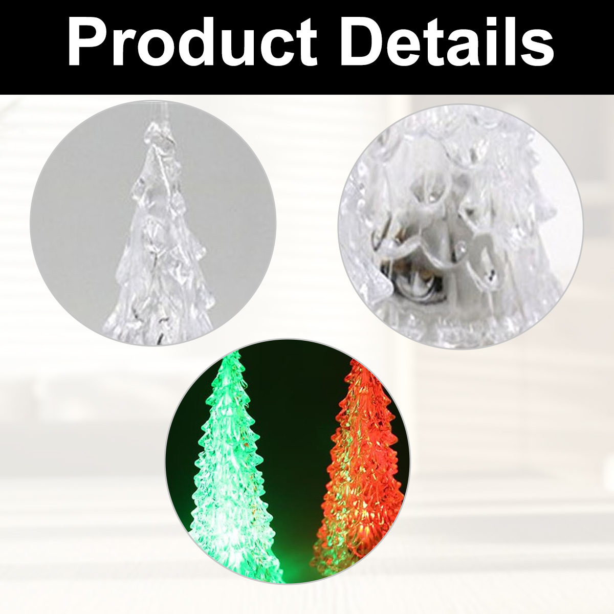 Produktdetails mit drei runden Ausschnitten von gläsernen Weihnachtsbäumen in transparent, weiß und leuchtend.