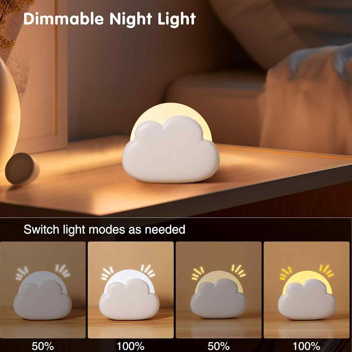 Eine dimmbare weiße Wolken-Nachtlampe auf einem Holztisch mit vier Helligkeitsmodi.
