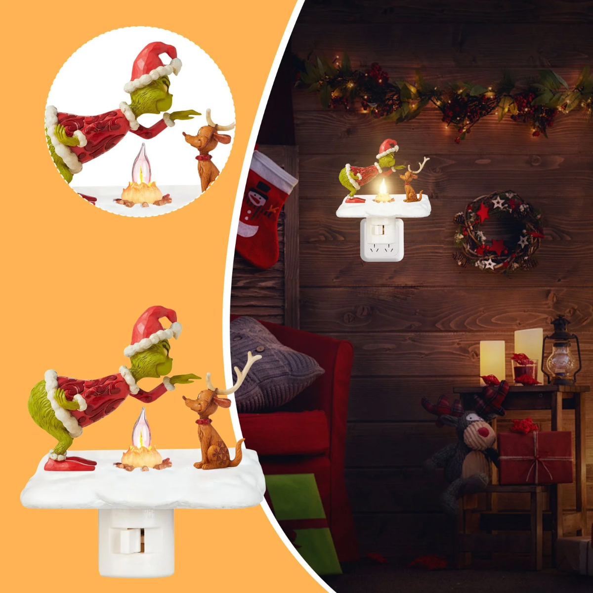 Ein Grinch- und Max-Nachtlicht in einem weihnachtlichen Raum eingesteckt.