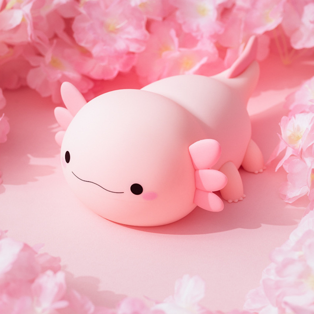 Ein süßes rosa Axolotl-Spielzeug auf einer rosa Oberfläche, umgeben von verschwommenen rosa Blumen.