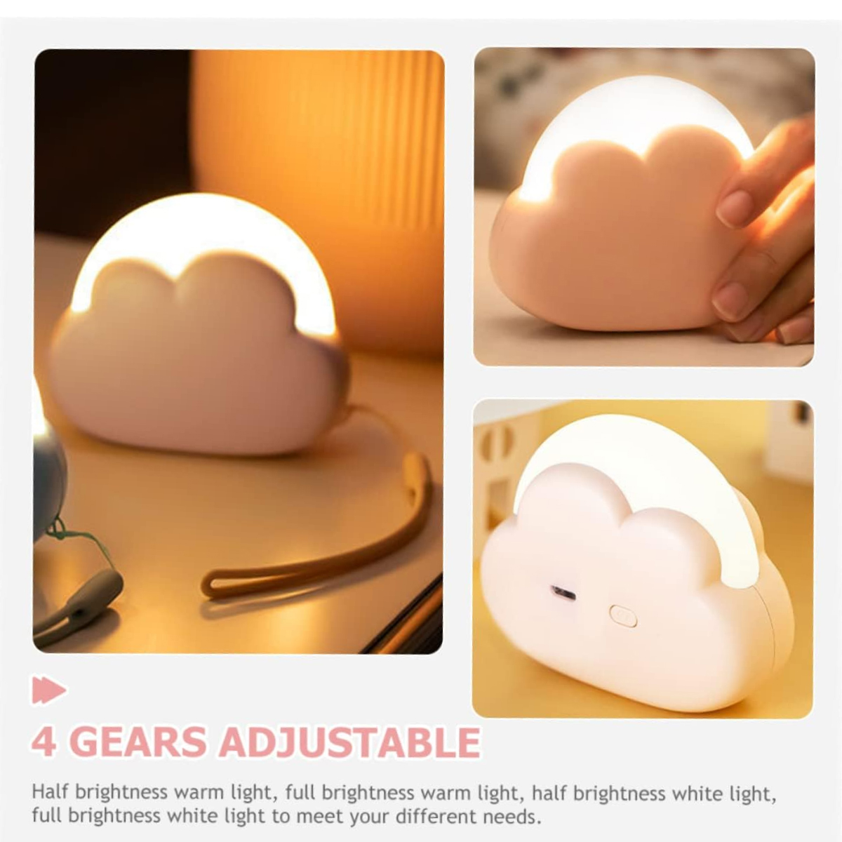 Eine kleine, wolkenförmige Nachtlampe mit verstellbarem Licht auf einem Tisch.