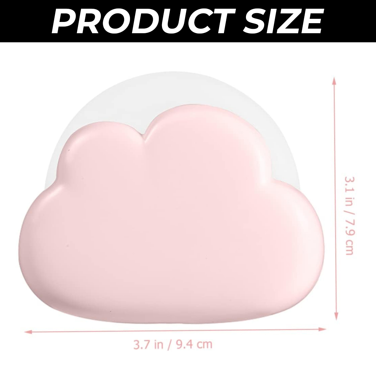 Rosa, wolkenförmiges Produkt mit Maßen: 3,7 in / 9,4 cm breit und 3,1 in / 7,9 cm hoch.