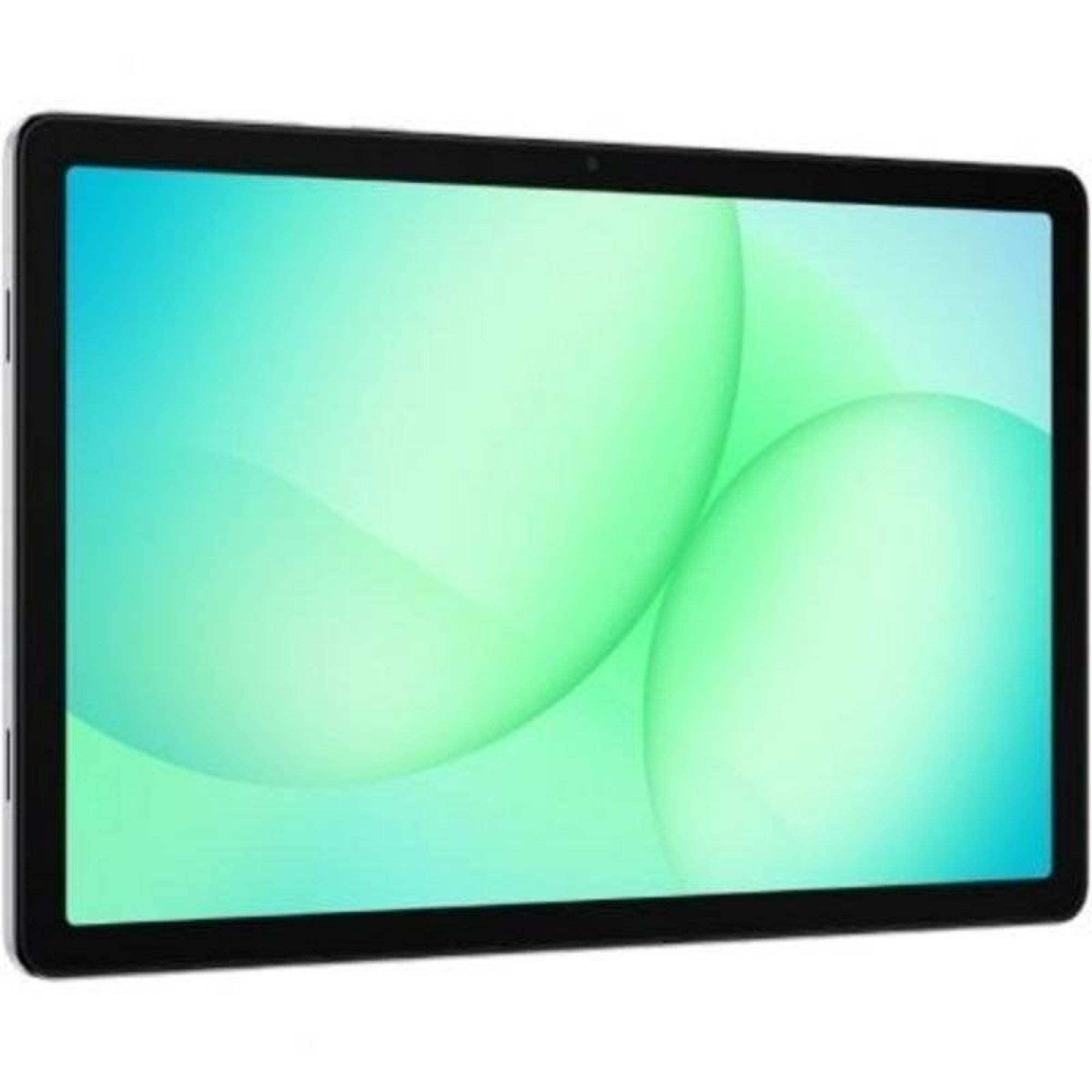 Una tableta negra con un fondo de pantalla abstracto en tonos azul claro y verde.