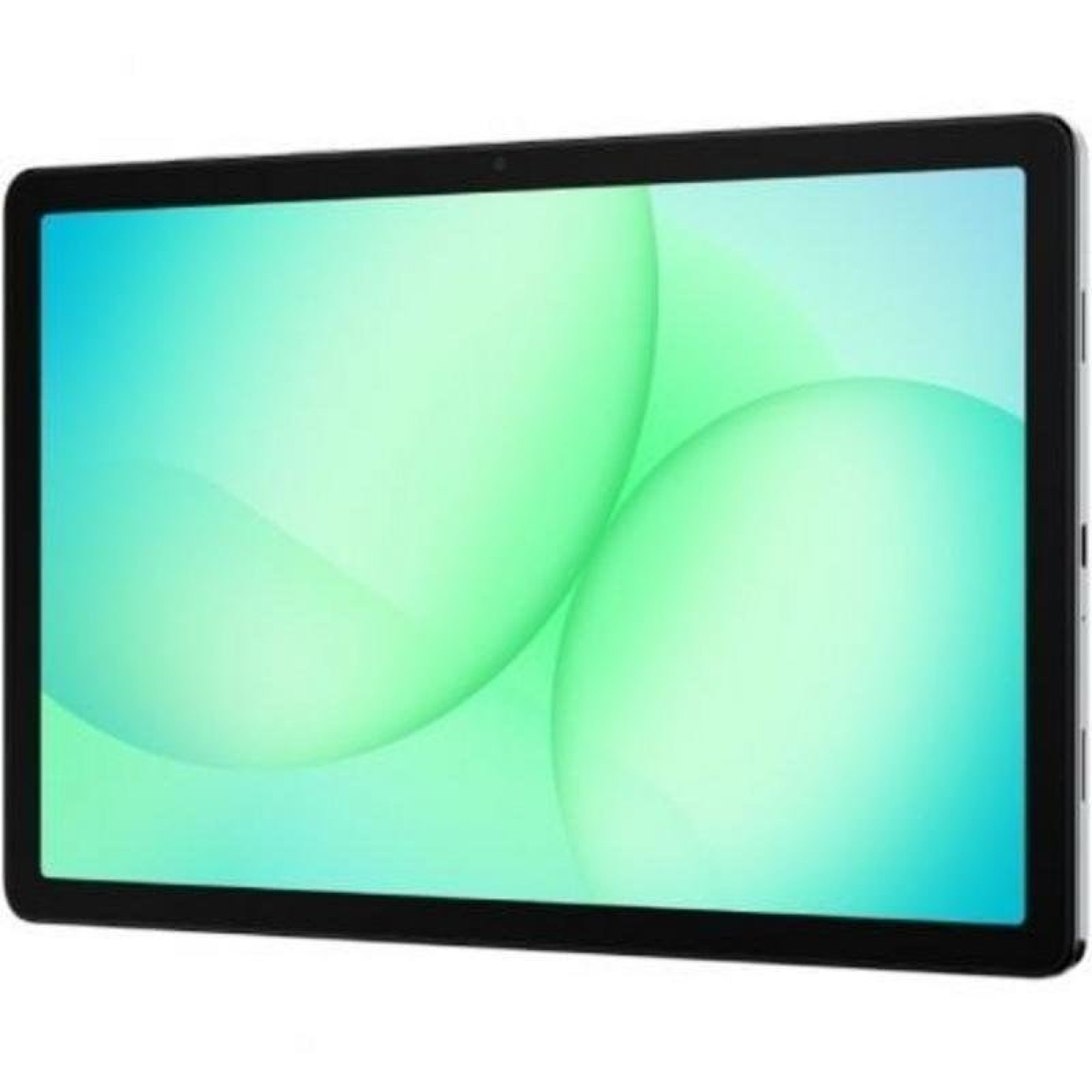 Una tableta negra muestra un diseño abstracto de círculos grandes y brillantes de color verde claro sobre fondo azul.