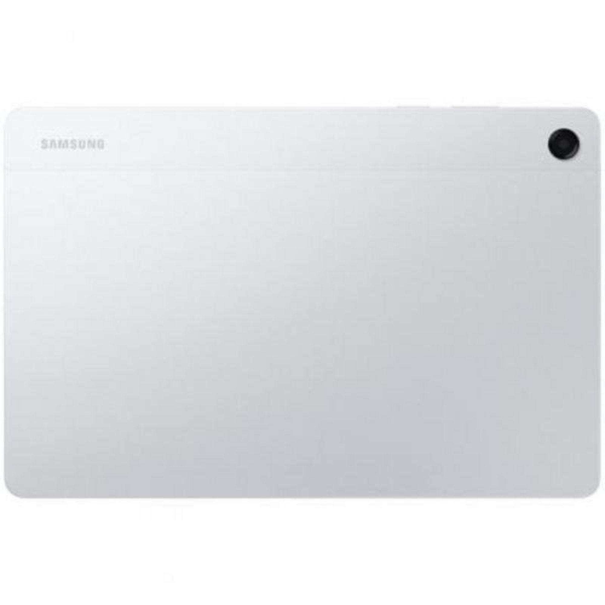 Parte trasera de una tableta Samsung plateada con una sola lente de cámara en la esquina superior derecha.