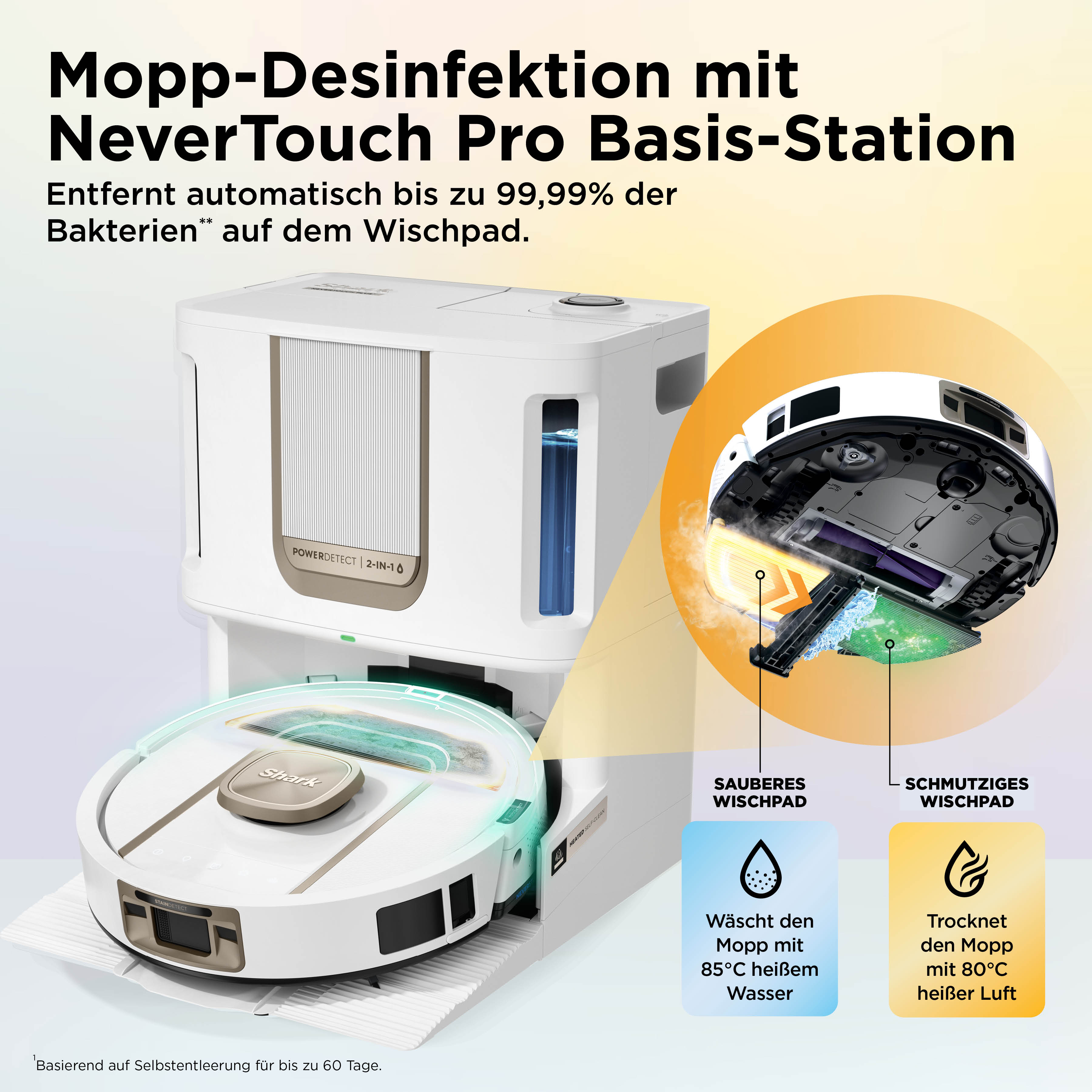 Shark Saugroboter und Basisstation, die den Mopp mit 85°C heissem Wasser reinigt und mit 80°C Luft trocknet.