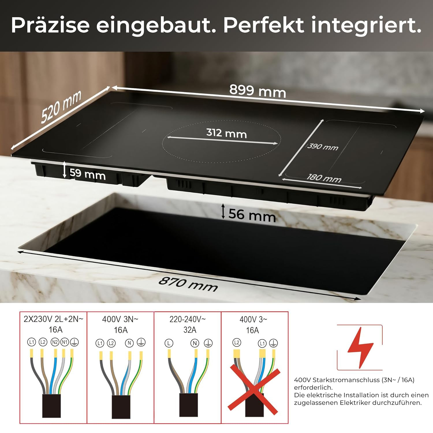 Diagramm zeigt Abmessungen eines integrierten Kochfelds mit Maßangaben und Verkabelungsoptionen.
