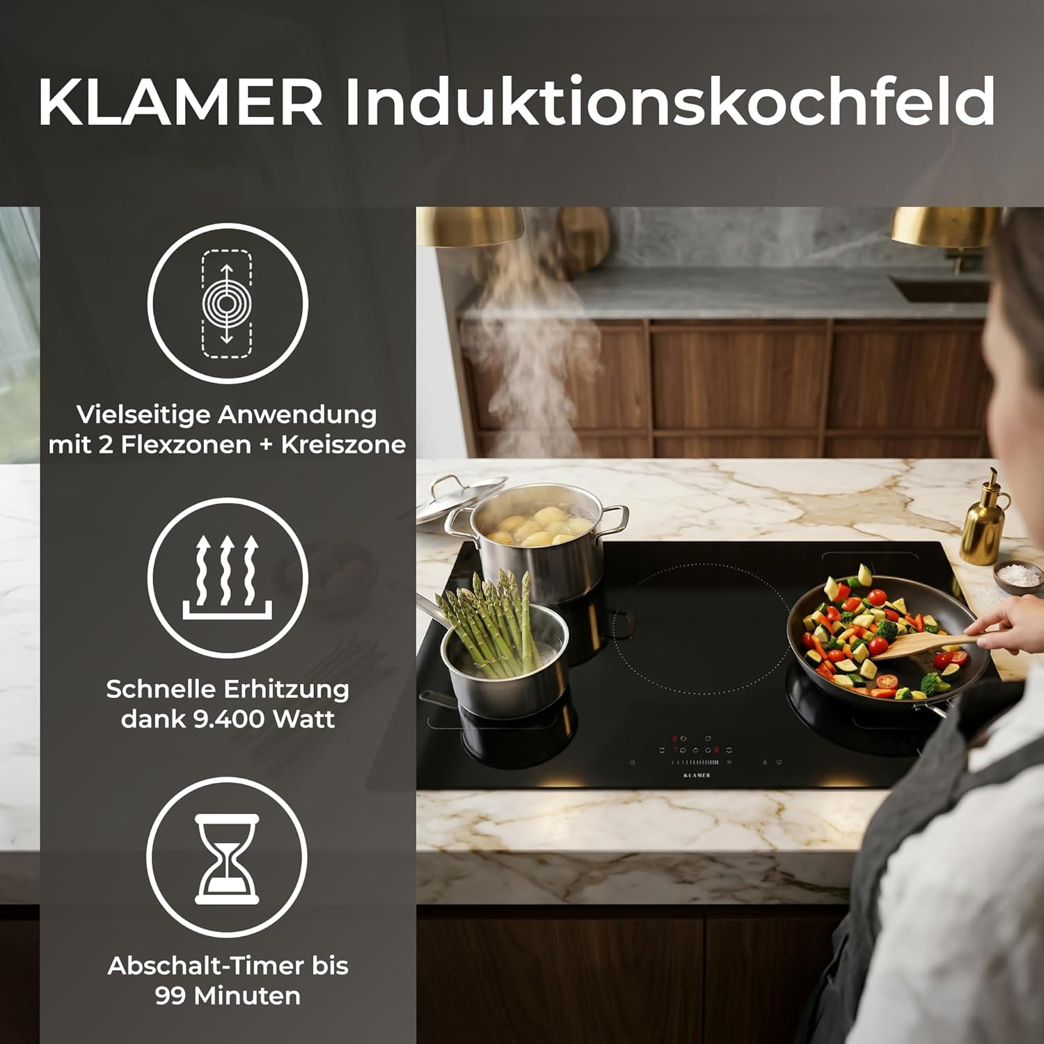 Klamer Induktionskochfeld mit Kochtöpfen, Spargel und Gemüsepfanne in einer modernen Küche mit Features.