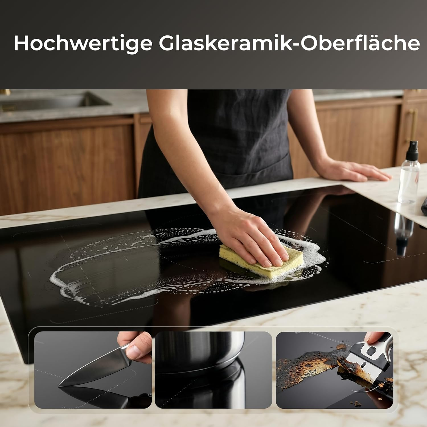Person reinigt schwarzes Glaskeramik-Kochfeld mit Spülschwamm.