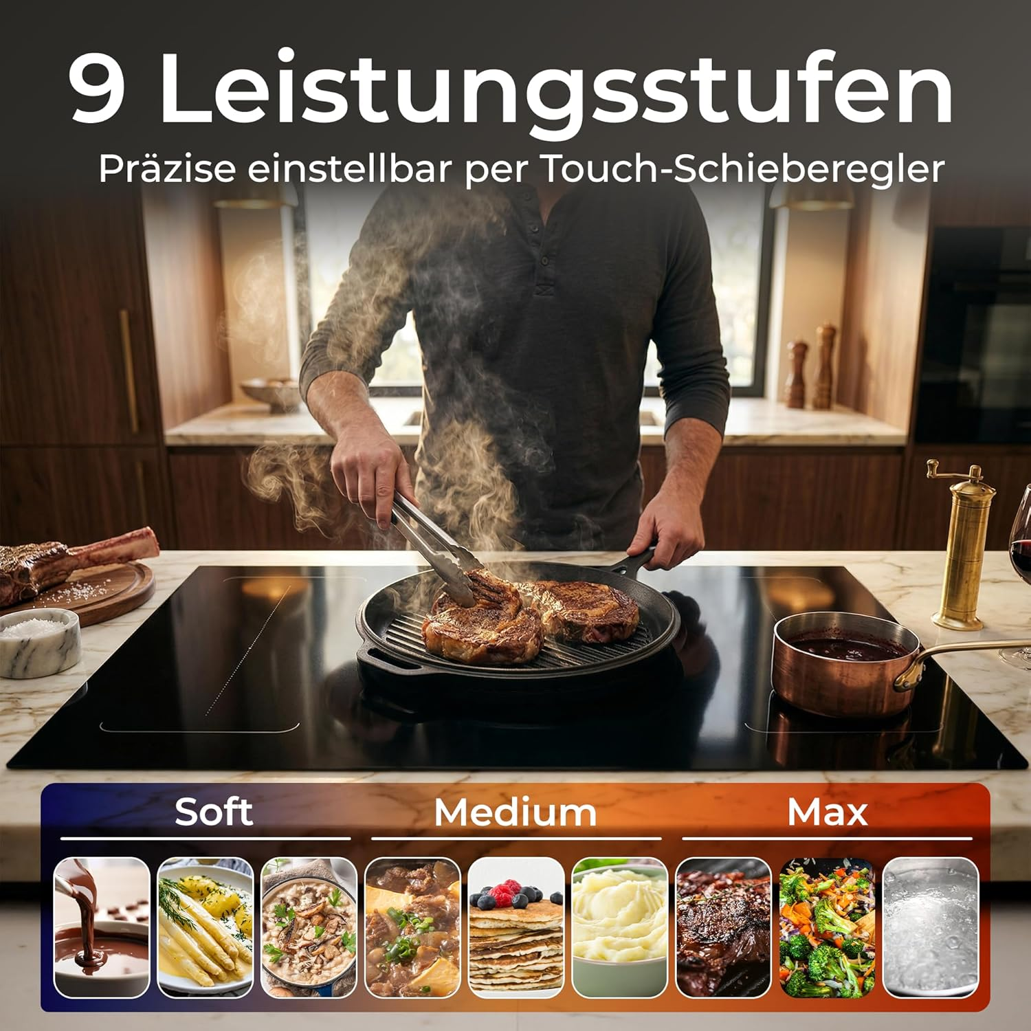 Ein Koch brät Steaks auf einem modernen Induktionskochfeld mit Touch-Reglern und Leistungsstufen.
