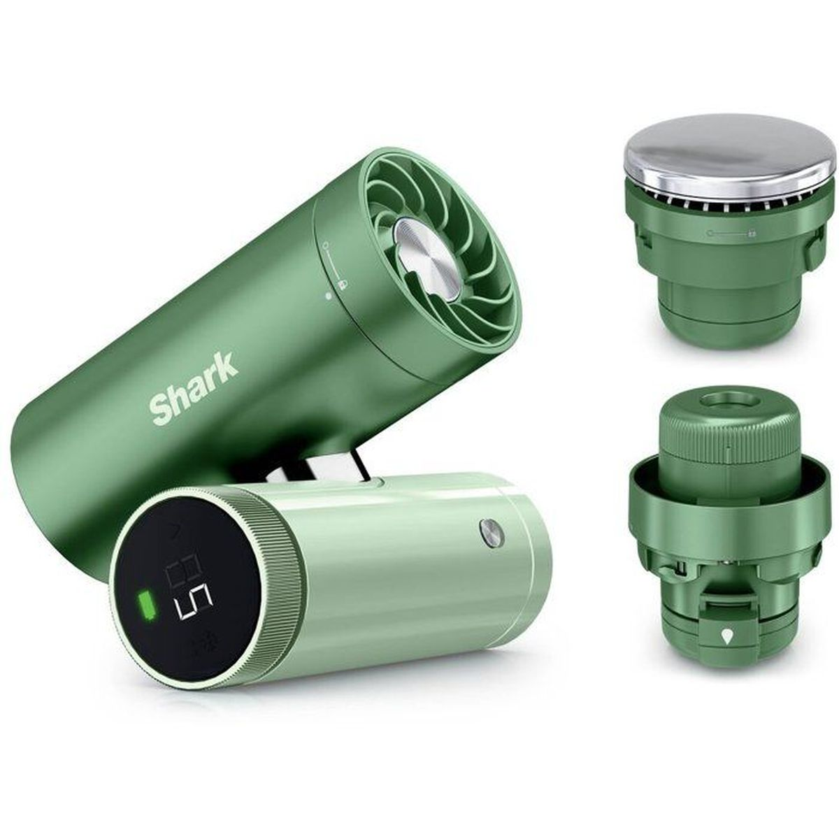 Asciugacapelli Shark verde con due accessori e display digitale su sfondo bianco.