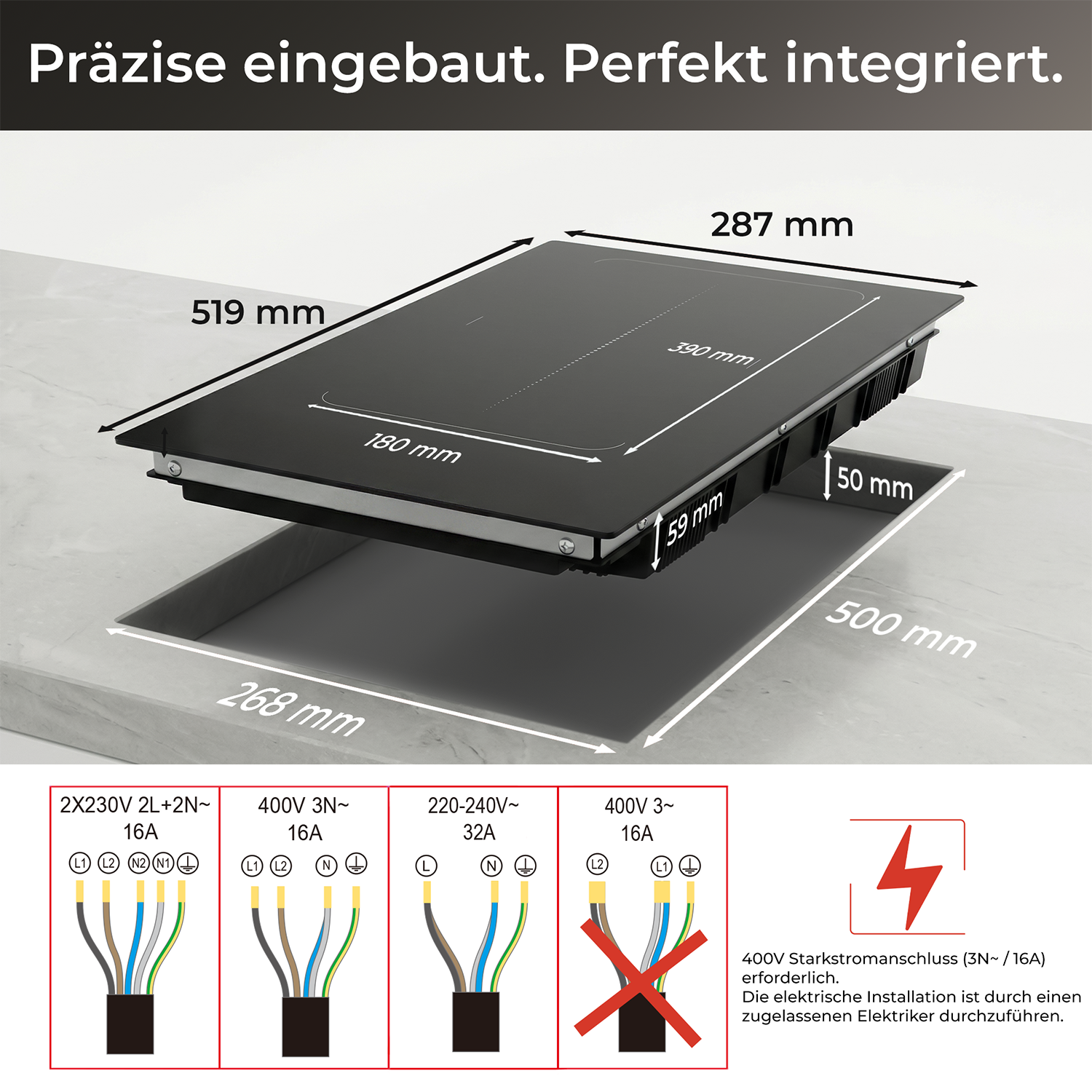 Technische Zeichnung mit Maßen und elektrischen Anschlussmöglichkeiten für ein eingebautes Glaskeramik-Kochfeld.