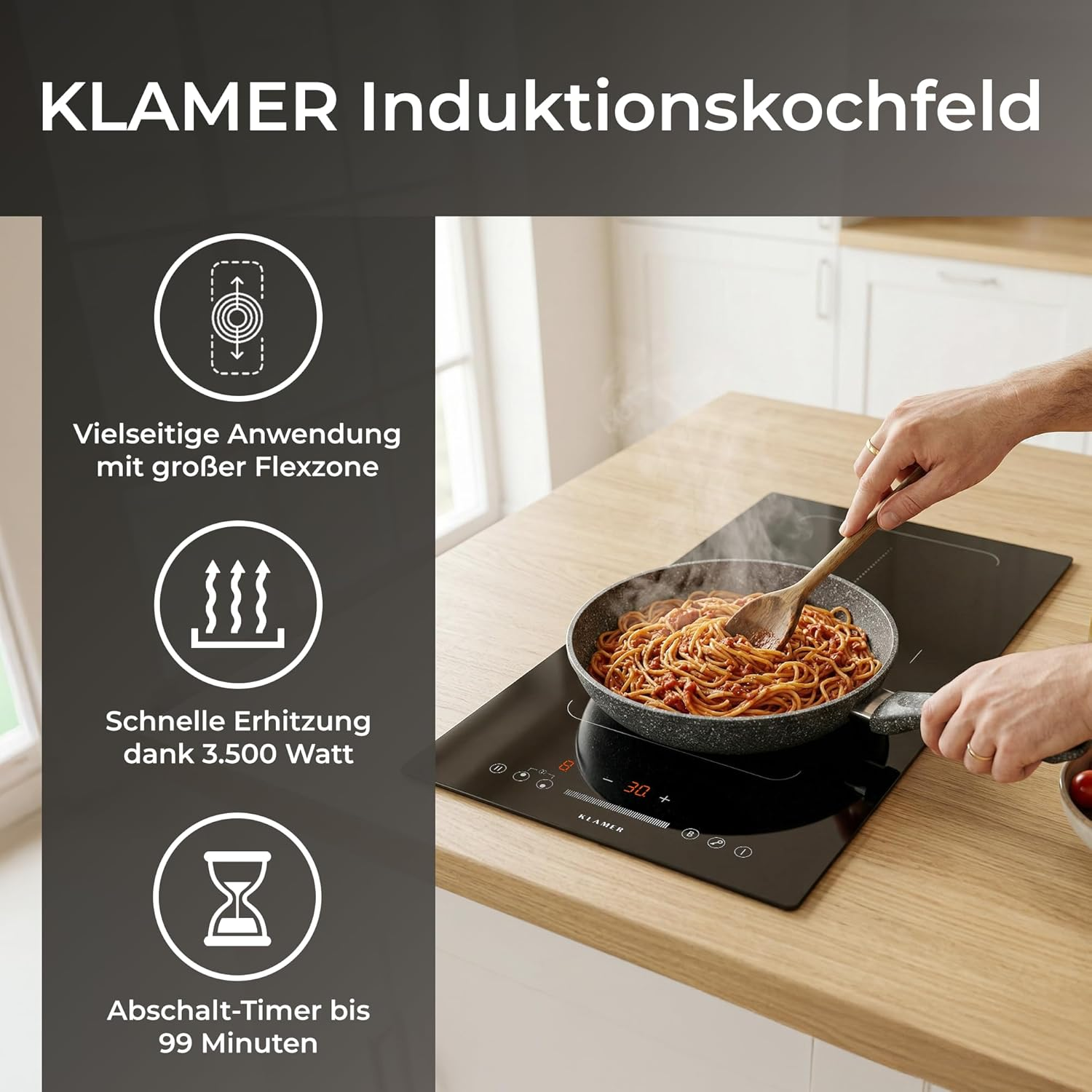 Klamer Induktionskochfeld mit Topf und Spaghetti in einer Küche, sowie Feature-Icons.